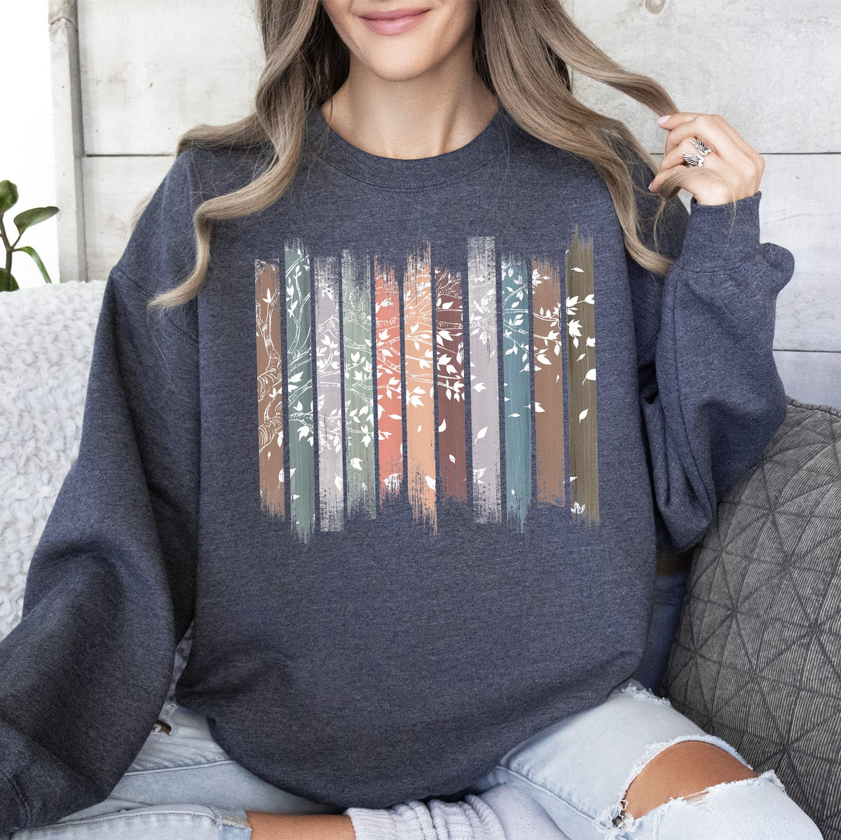 Falling Leaves, Botanical Stripes Autumn Nature-Inspired Print Cozy Fleece Sweatshirt
