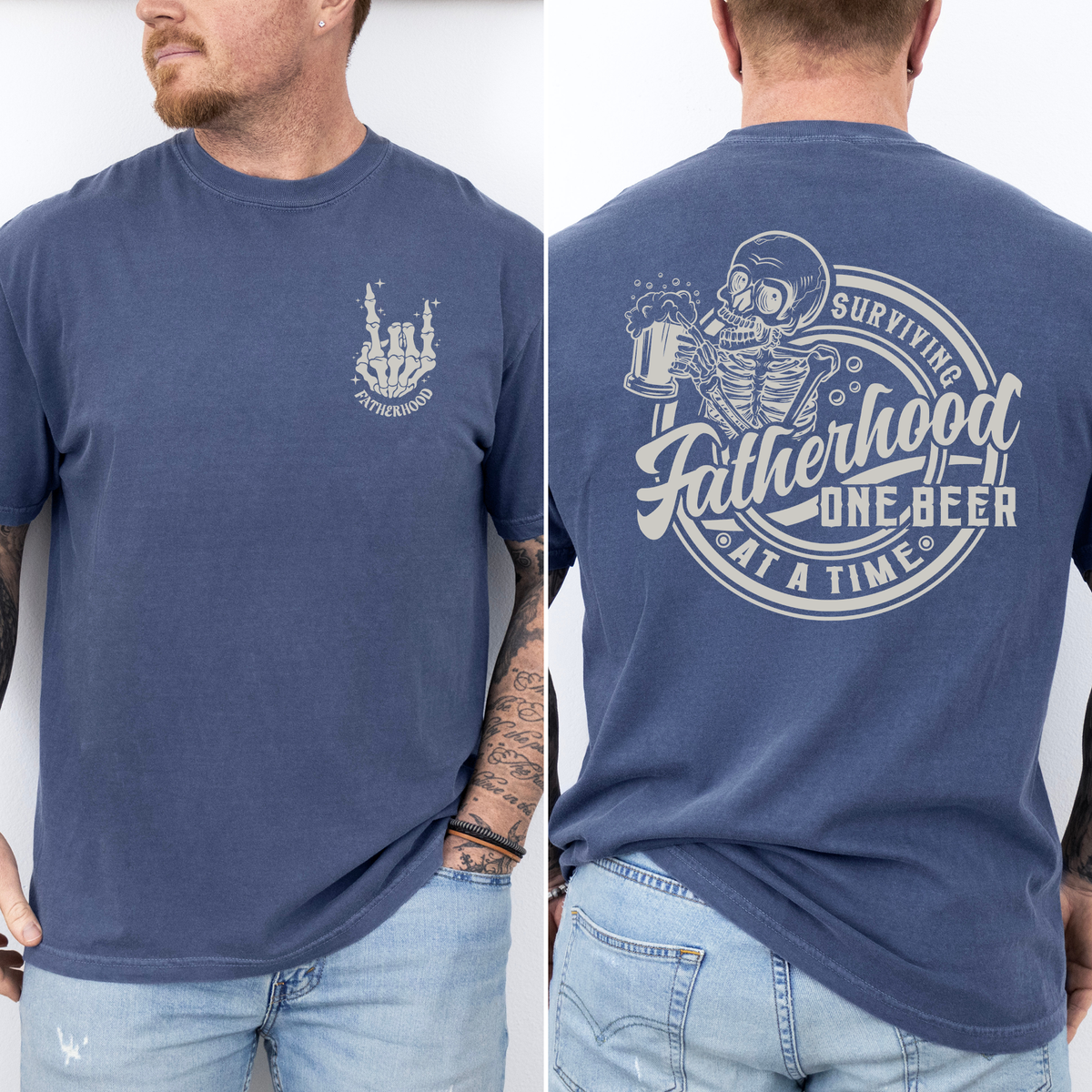 Fatherhood One Beer At A Time Skeleton Dad Humor Father's Day Comfort Colors Tee
