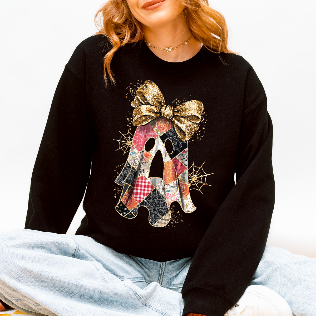 Faux Glitter Patchwork Ghost Coquette Halloween Retro Spooky Season Graphic Sweatshirt