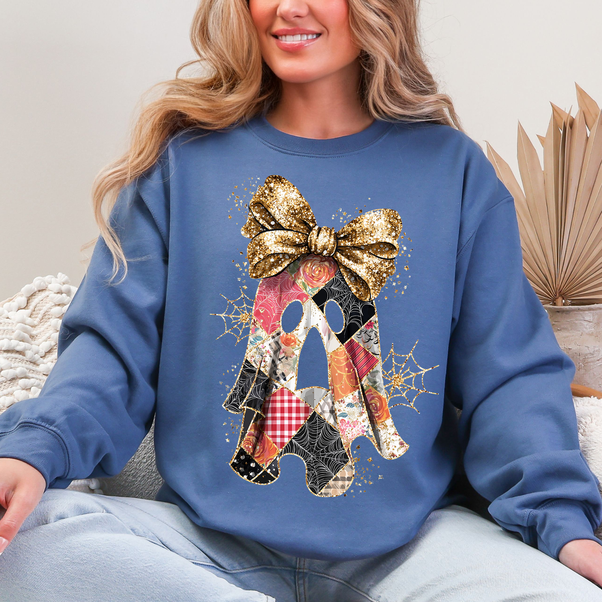Faux Glitter Patchwork Ghost Coquette Halloween Retro Spooky Season Graphic Sweatshirt