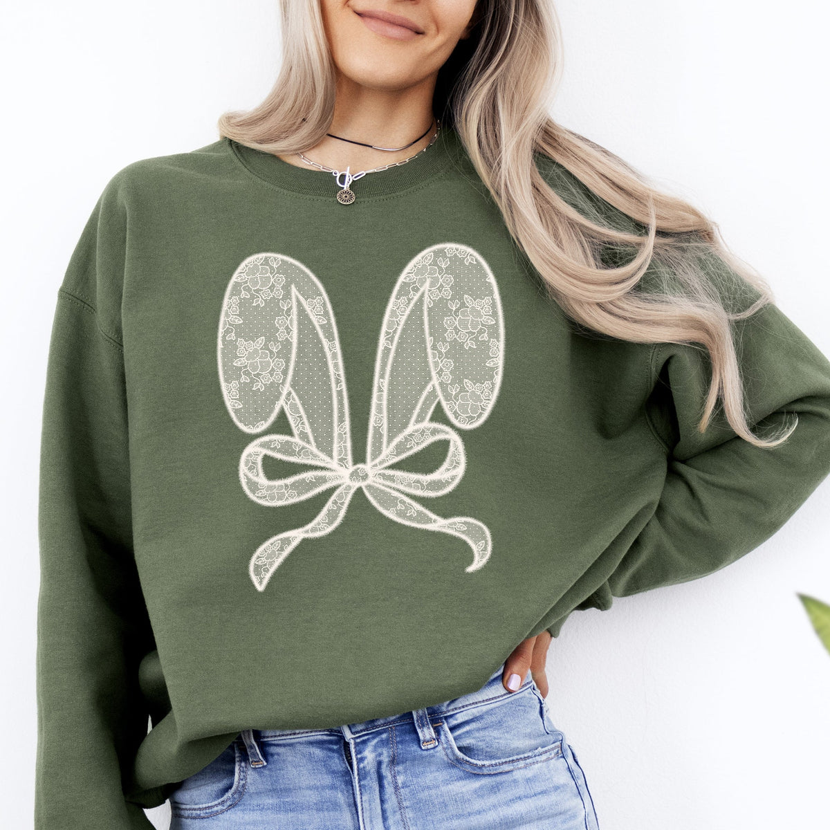 Faux Lace Bunny Ears Coquette Easter Bunny Jesus Rabbit Holiday Festive Religious Inspired Cozy Sweatshirt
