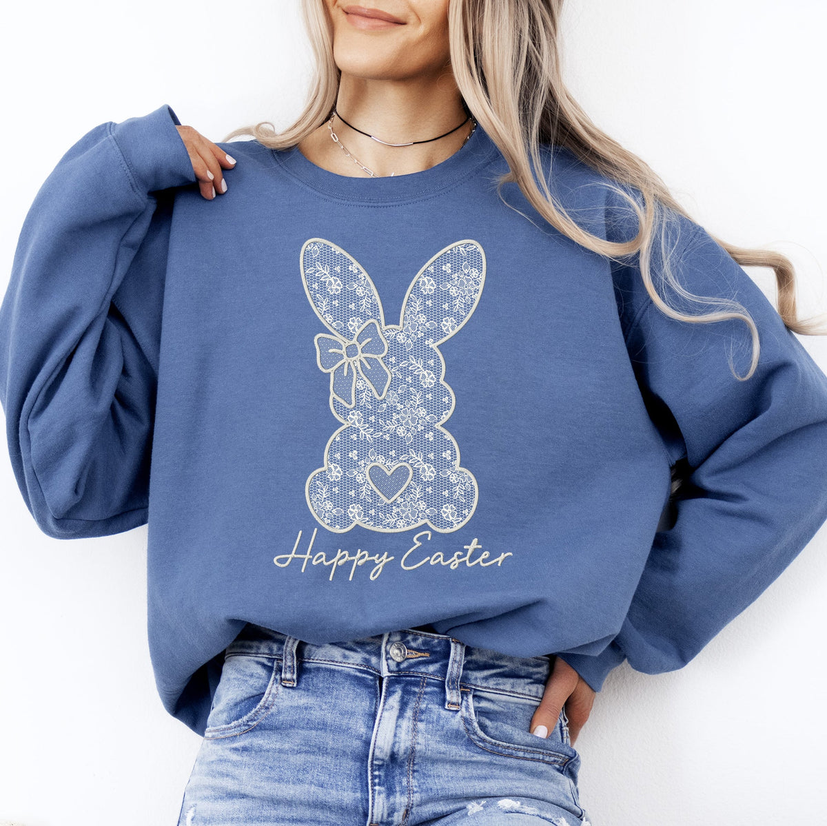 Faux Lace Bunny Coquette Happy Easter Easter Bunny Jesus Rabbit Holiday Sweatshirt