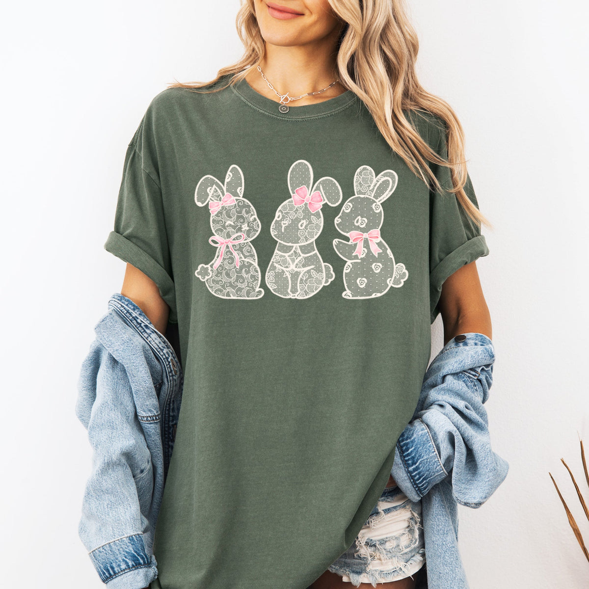 Faux Lace Bunny Coquette Ribbons In A Row Easter Bunny Jesus Rabbit Holiday Comfort Colors Tee