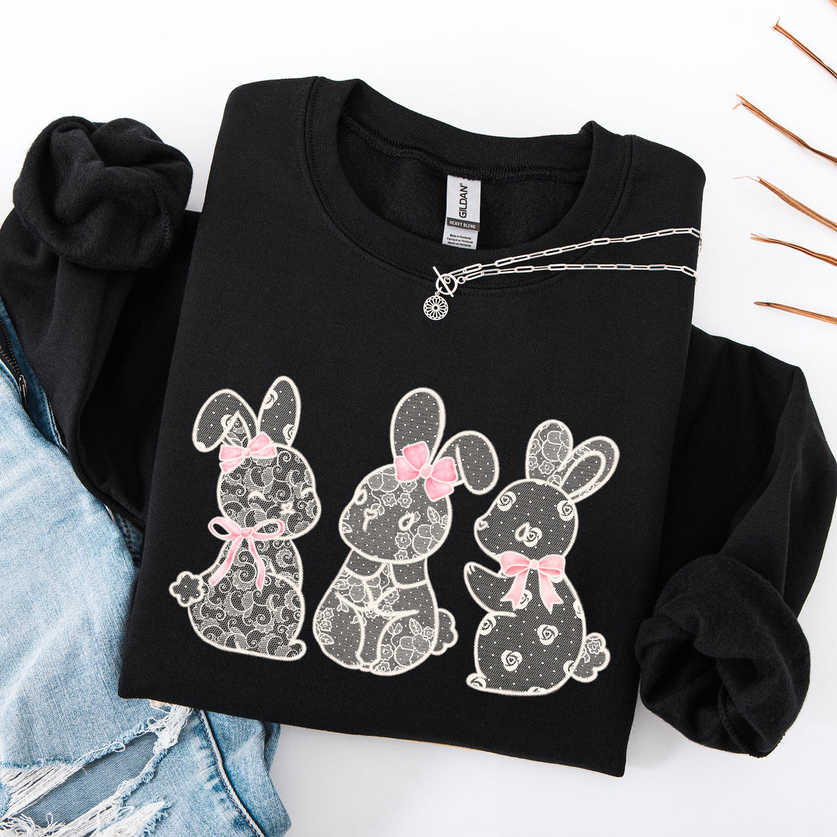 Faux Lace Bunny Coquette Ribbons In A Row Easter Holiday Bunny Jesus Rabbit Sweatshirt