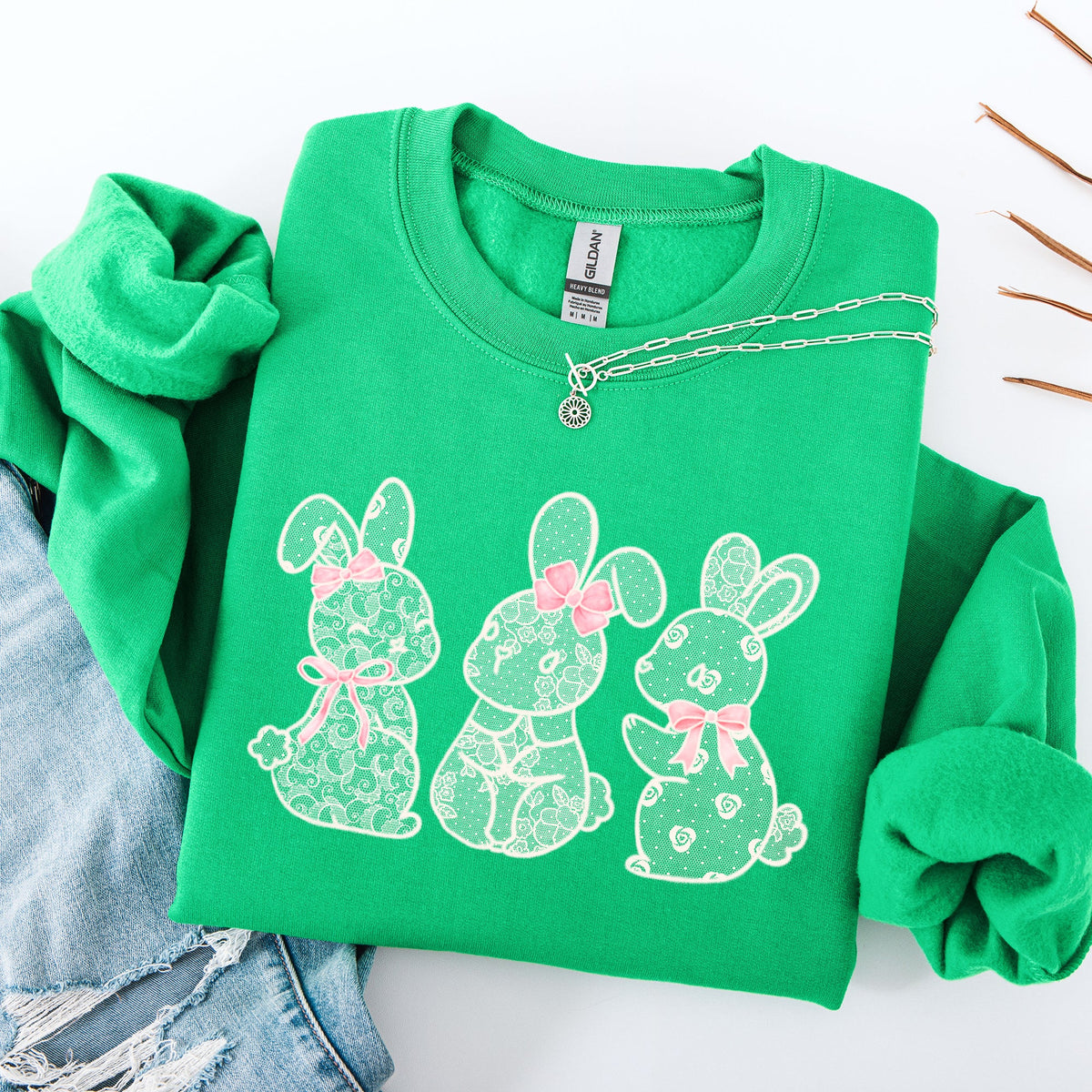 Faux Lace Bunny Coquette Ribbons In A Row Easter Holiday Bunny Jesus Rabbit Sweatshirt