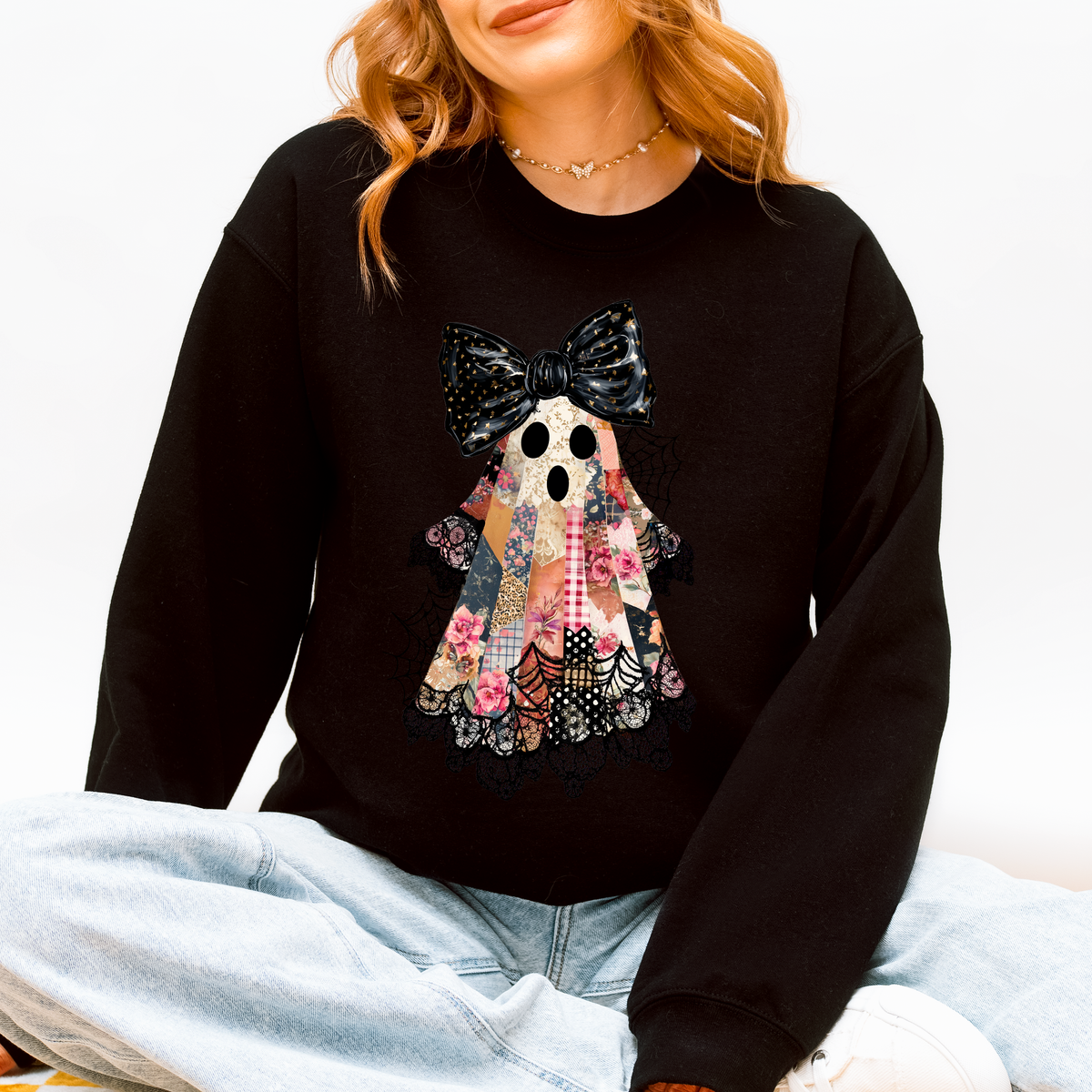 Faux Patchwork Lace Ghost With Glitter Accents And Vintage Halloween Coquette Ghost Sweatshirt