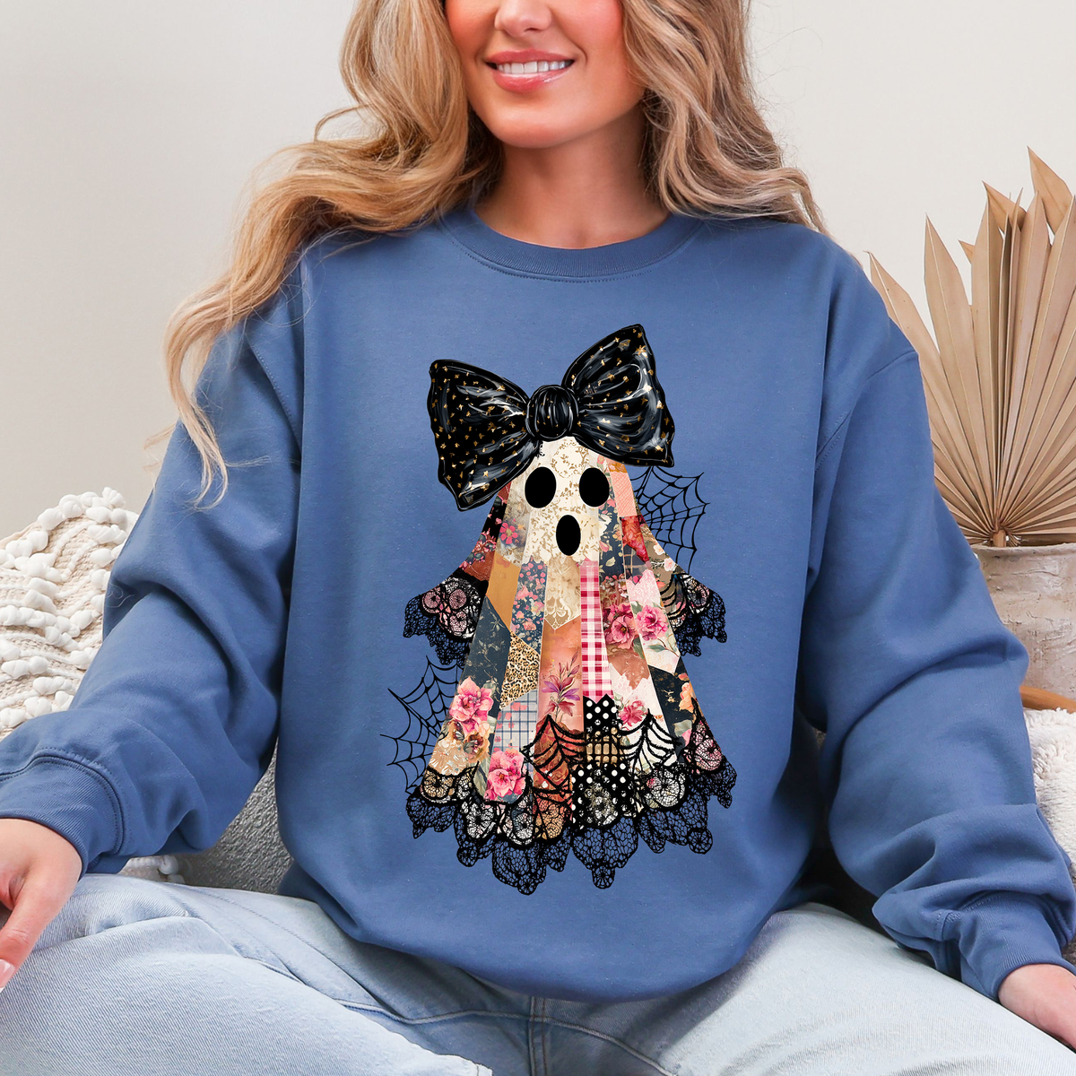 Faux Patchwork Lace Ghost With Glitter Accents And Vintage Halloween Coquette Ghost Sweatshirt