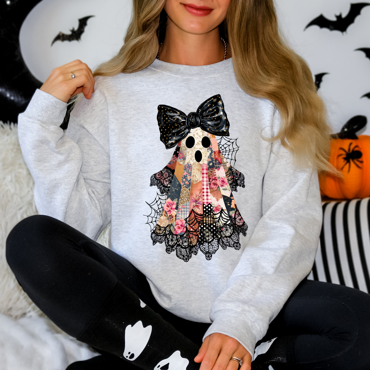 Faux Patchwork Lace Ghost With Glitter Accents And Vintage Halloween Coquette Ghost Sweatshirt
