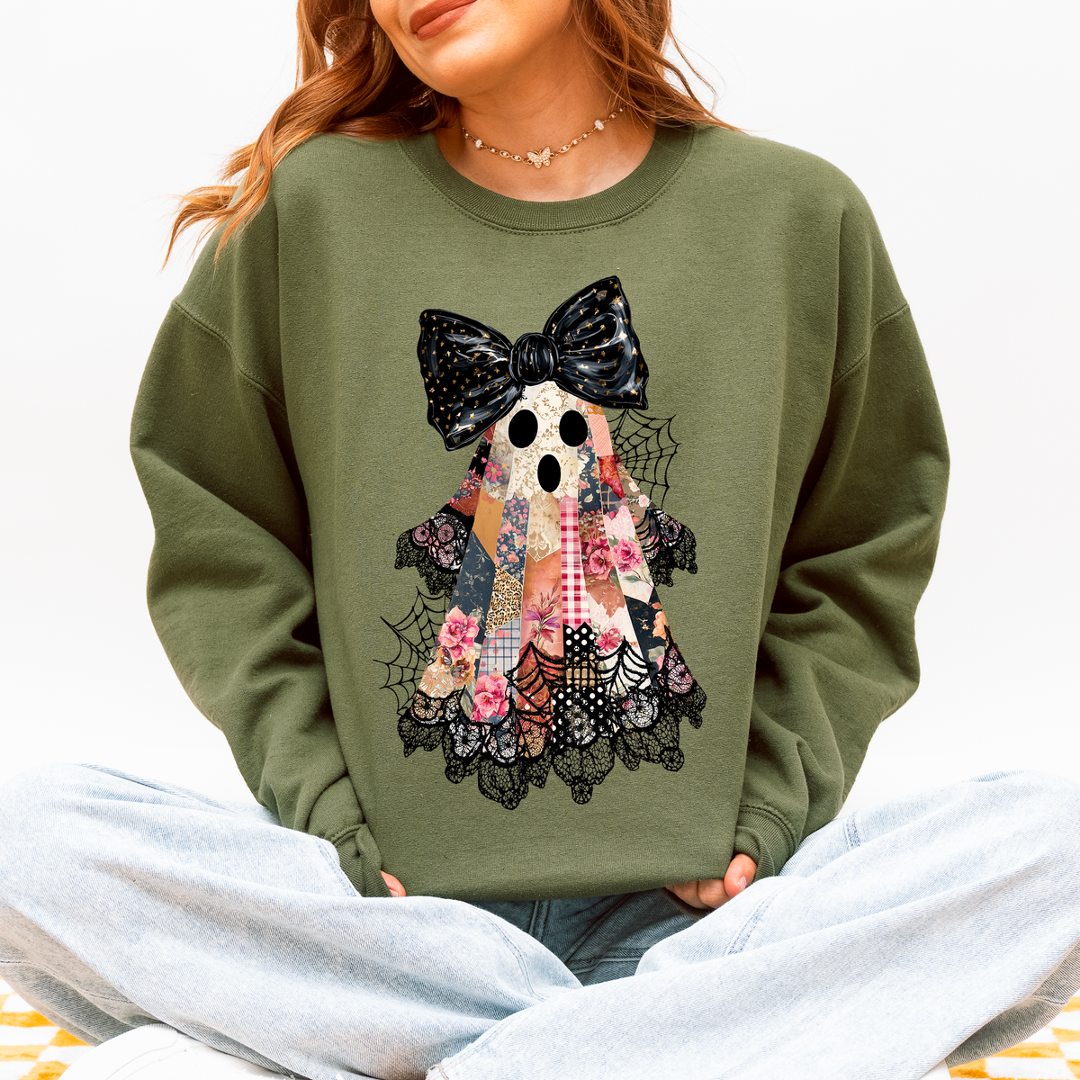 Faux Patchwork Lace Ghost With Glitter Accents And Vintage Halloween Coquette Ghost Sweatshirt