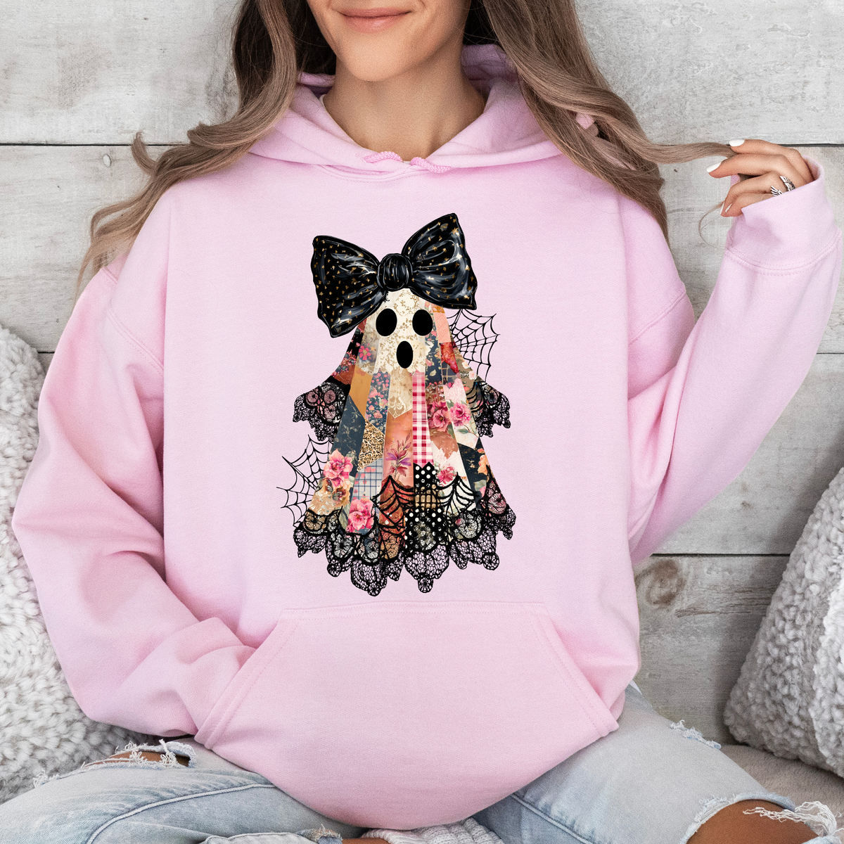 Faux Patchwork Lace Ghost Coquette Ghost Haunted Lace Motif With Vintage Gothic Flair Hoodie