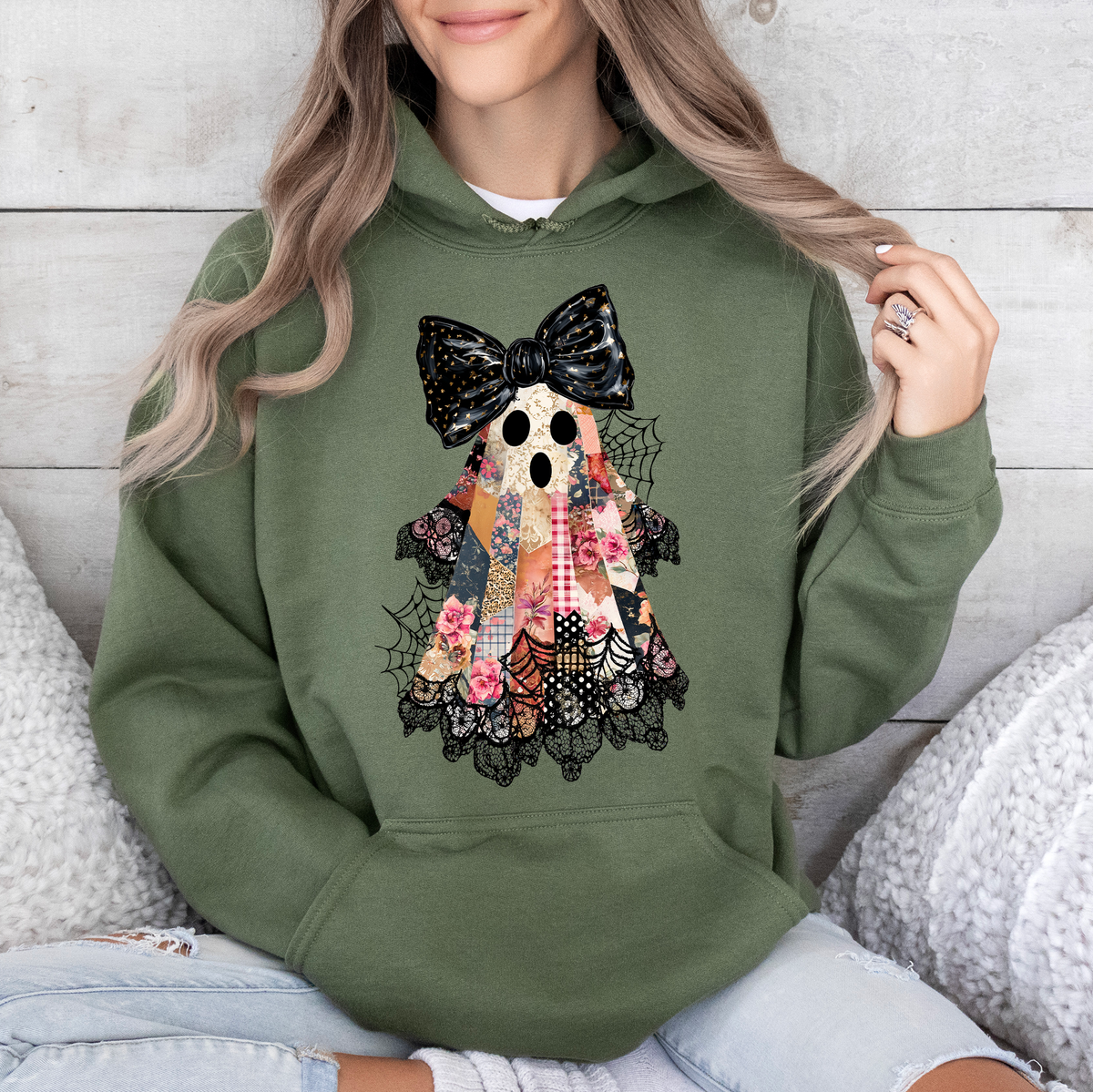 Faux Patchwork Lace Ghost Coquette Ghost Haunted Lace Motif With Vintage Gothic Flair Hoodie