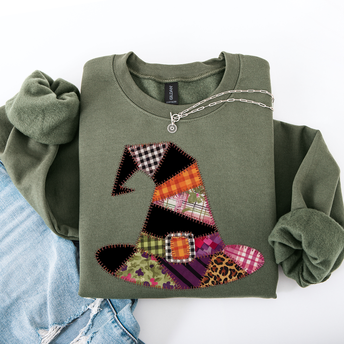 Faux Patchwork Witch Hat Patchwork Halloween Artful Spooky Season Witchy Vibes Sweatshirt