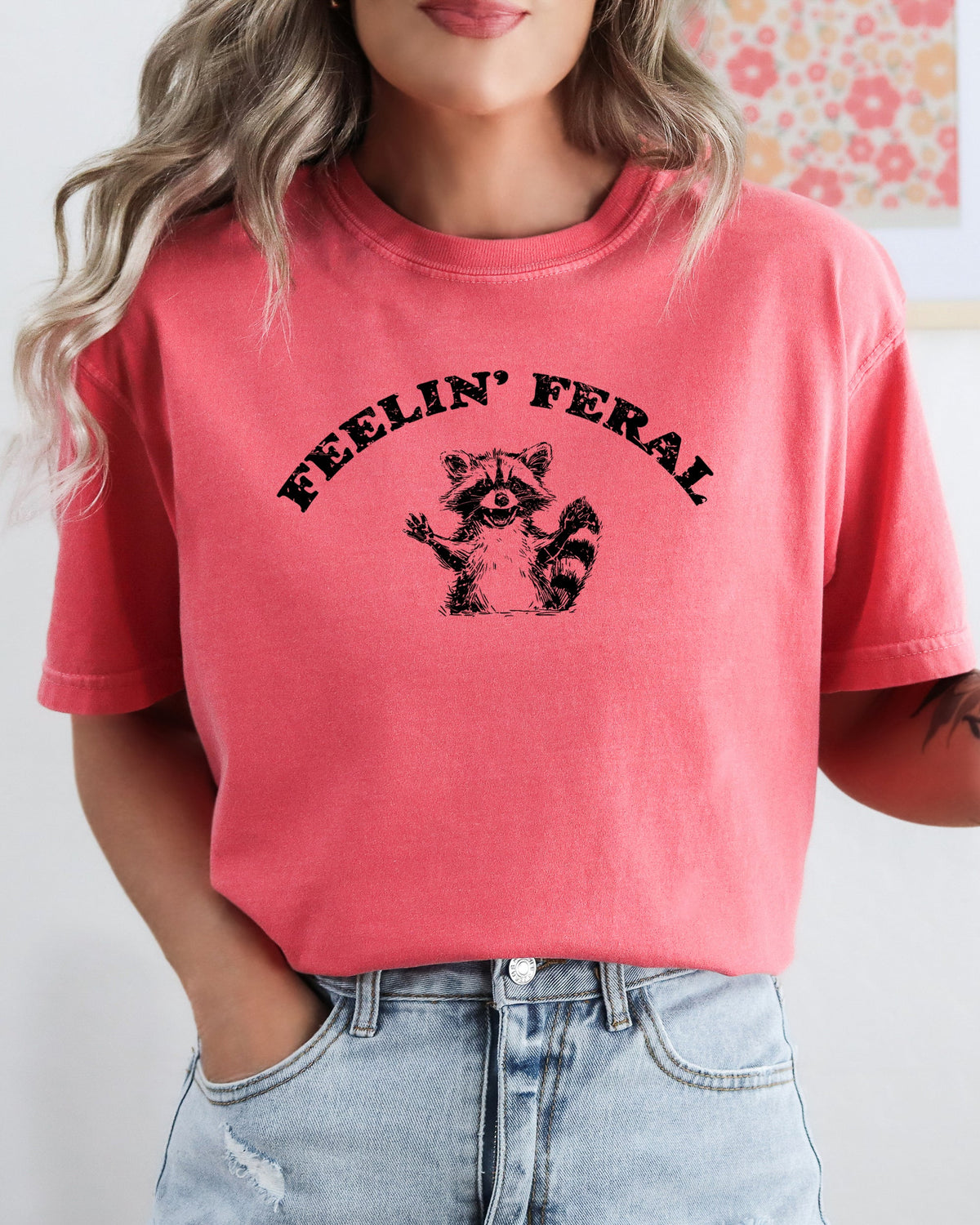 Feelin Feral Raccoon Aesthetic Trendy Humorous Playful Illustrative Comfort Colors Tee