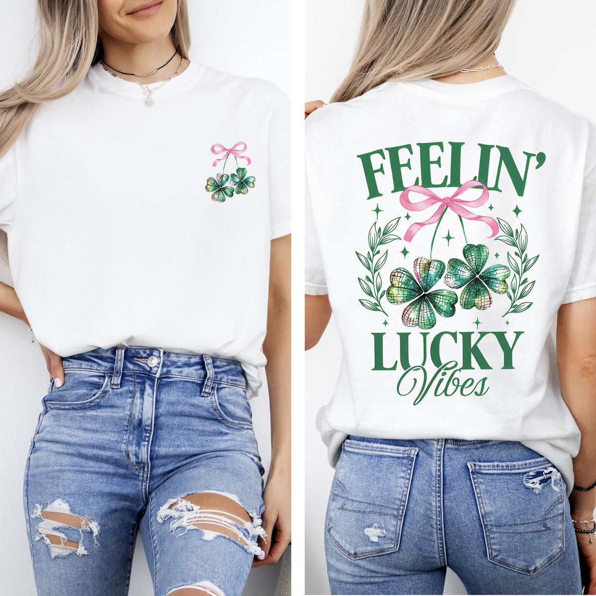 Feelin Lucky Vibes Coquette St Patrick's Day Shamrock Clover Leprechaun Comfort Colors Tee