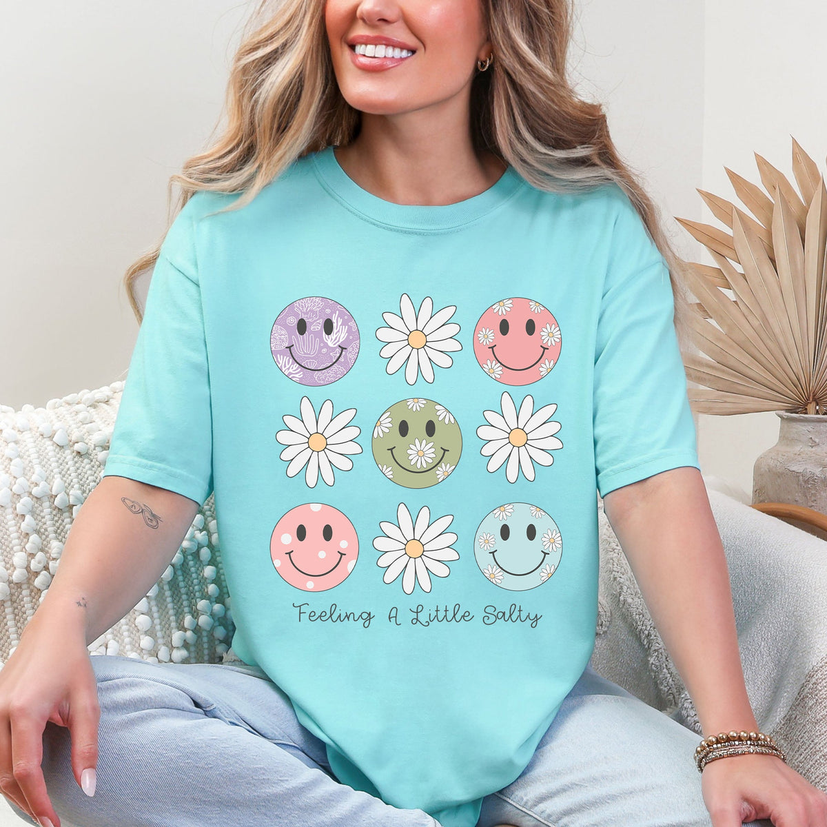 Feeling A Little Salty, Flowers, Retro Smiley Floral Emblem Collection Comfort Colors Tee