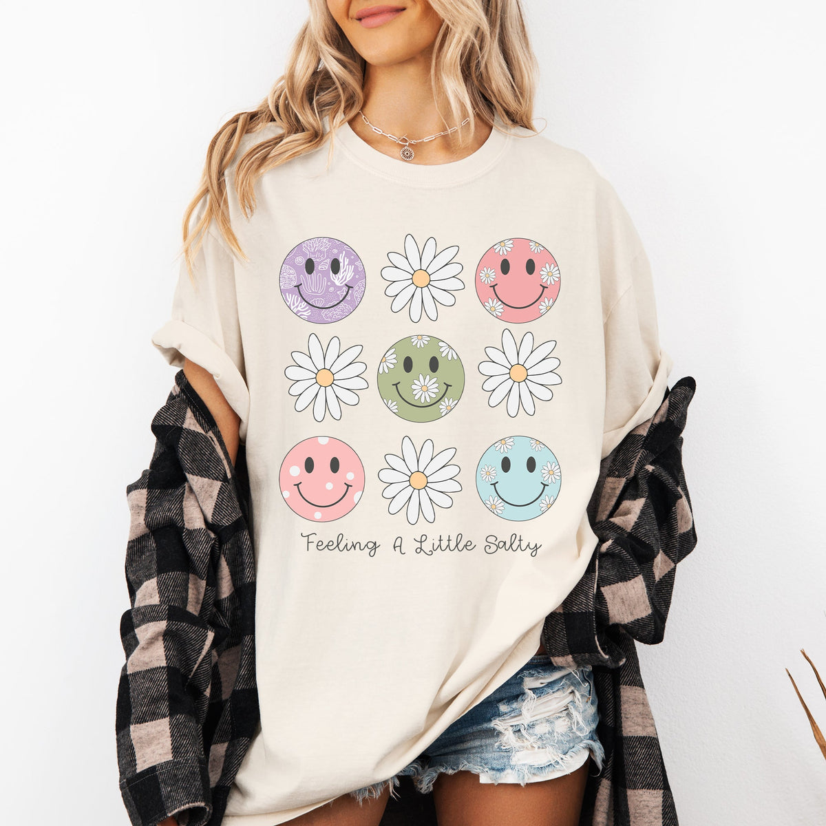 Feeling A Little Salty, Flowers, Retro Smiley Floral Emblem Collection Comfort Colors Tee