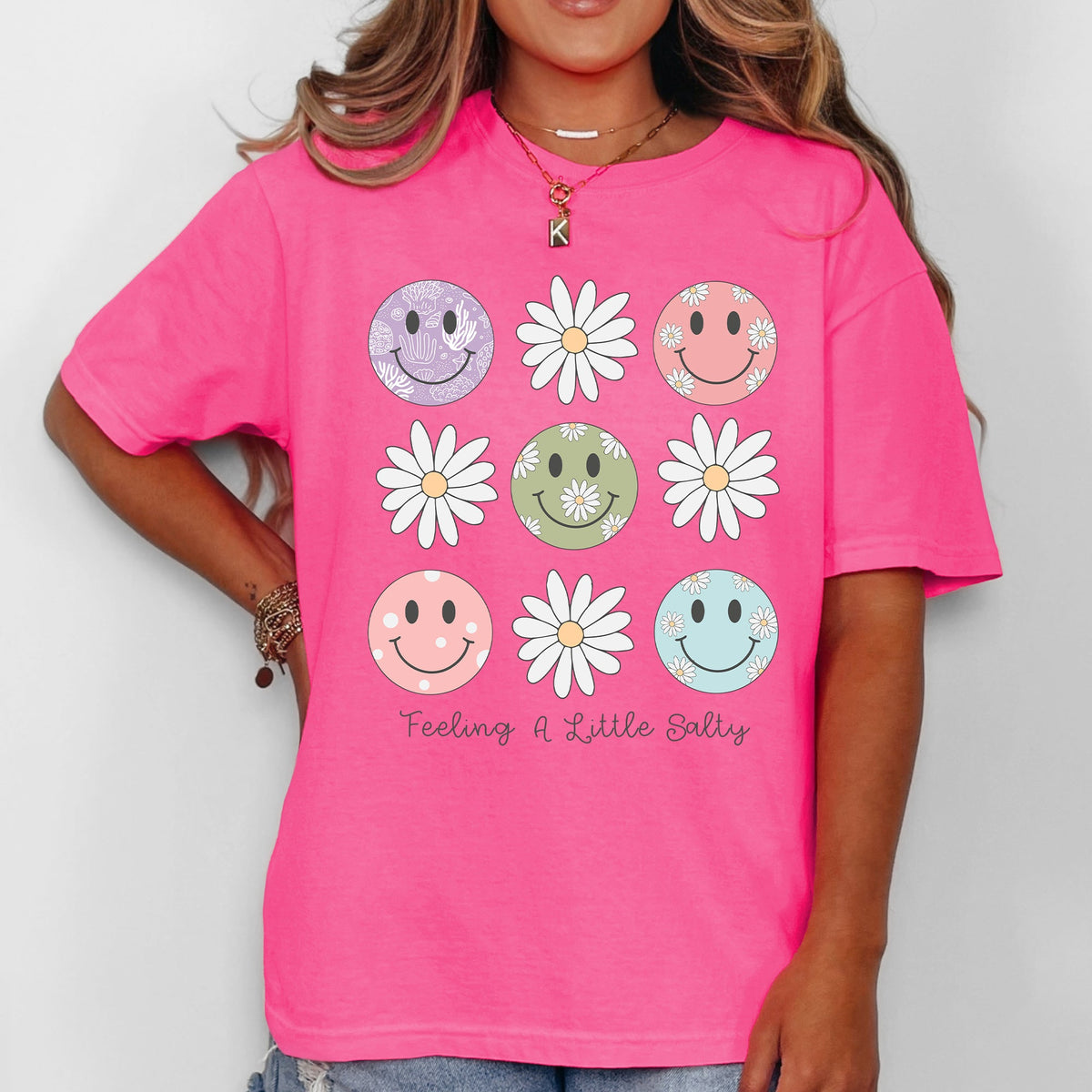 Feeling A Little Salty, Flowers, Retro Smiley Floral Emblem Collection Comfort Colors Tee
