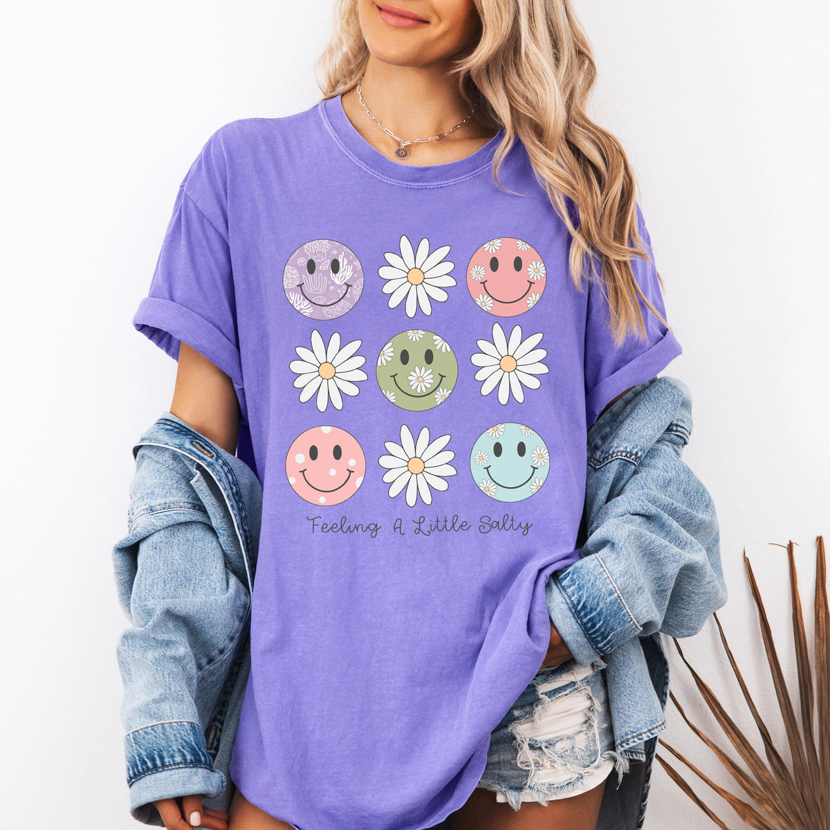 Feeling A Little Salty, Flowers, Retro Smiley Floral Emblem Collection Comfort Colors Tee