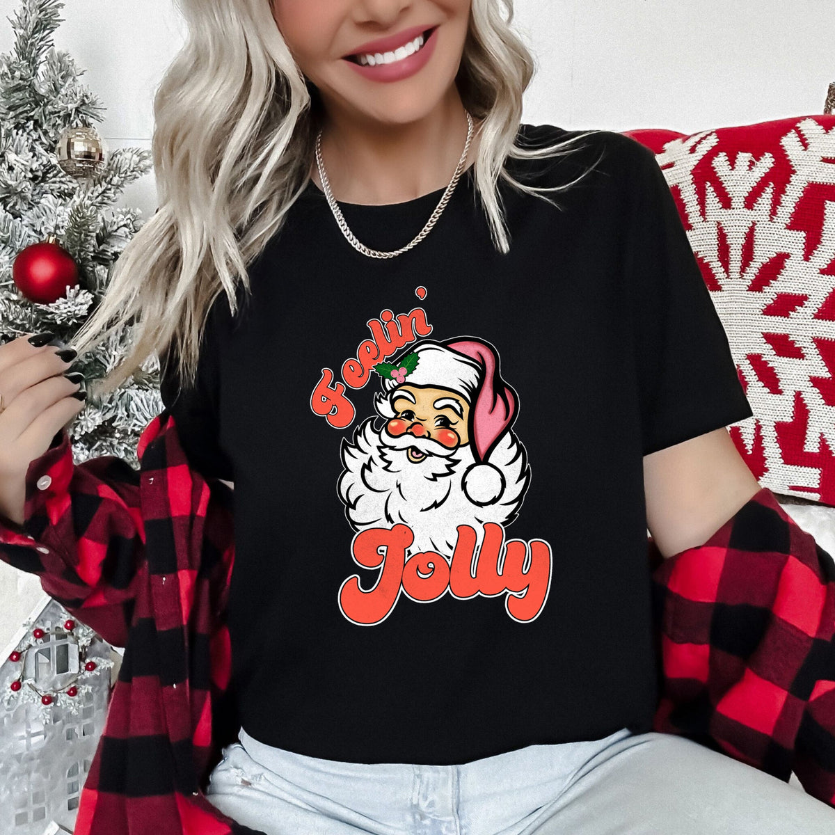 Feeling Jolly, Retro Santa Christmas Nostalgia Vintage Holiday Cheer Graphic Tee