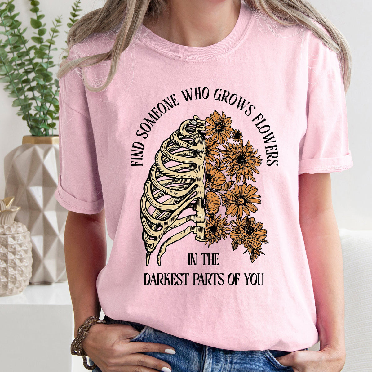 Find Someone Who Grows Flowers Skeleton Cowgirl Graphic Illustration Comfort Colors Tee