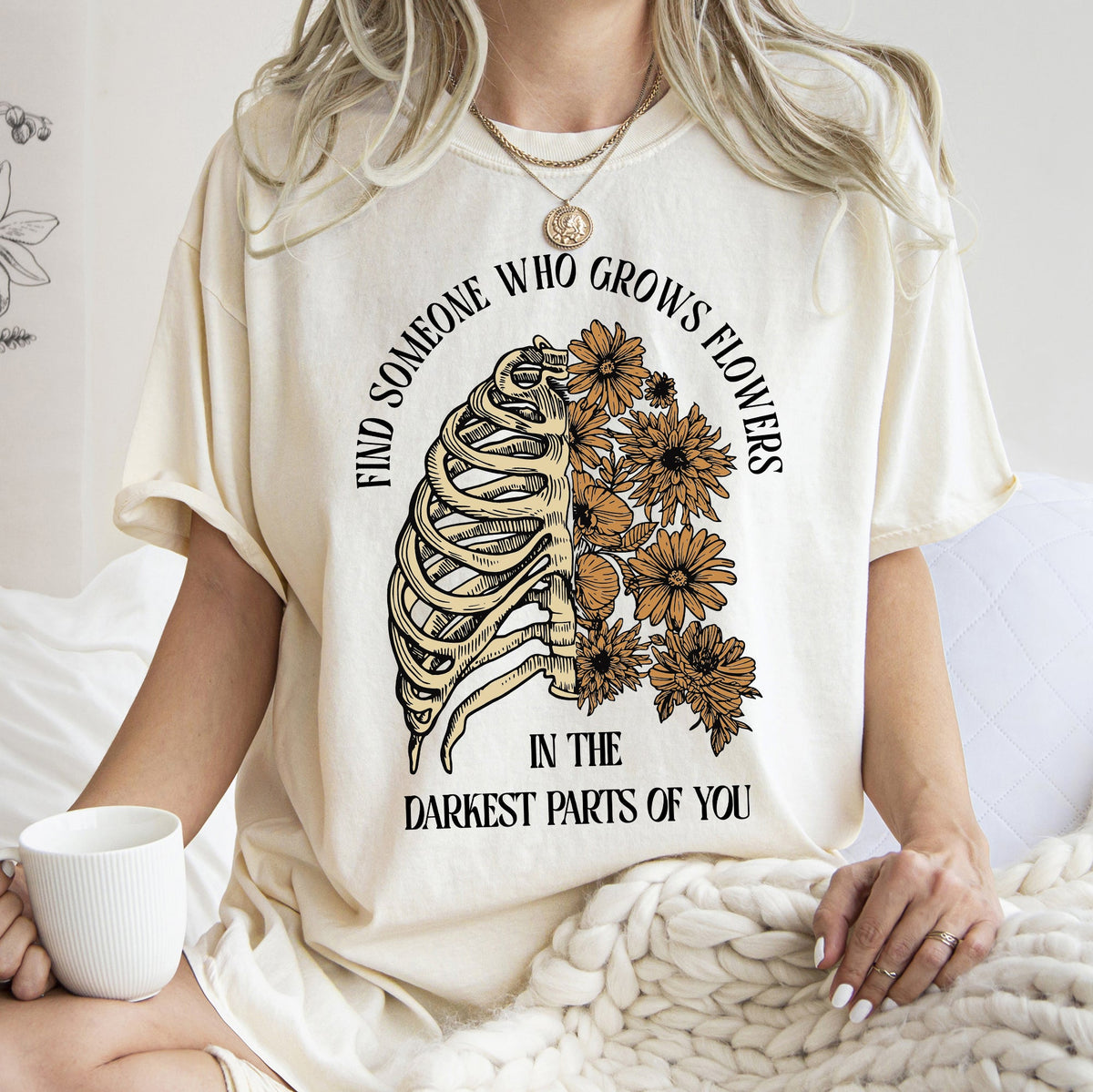 Find Someone Who Grows Flowers Skeleton Cowgirl Graphic Illustration Comfort Colors Tee
