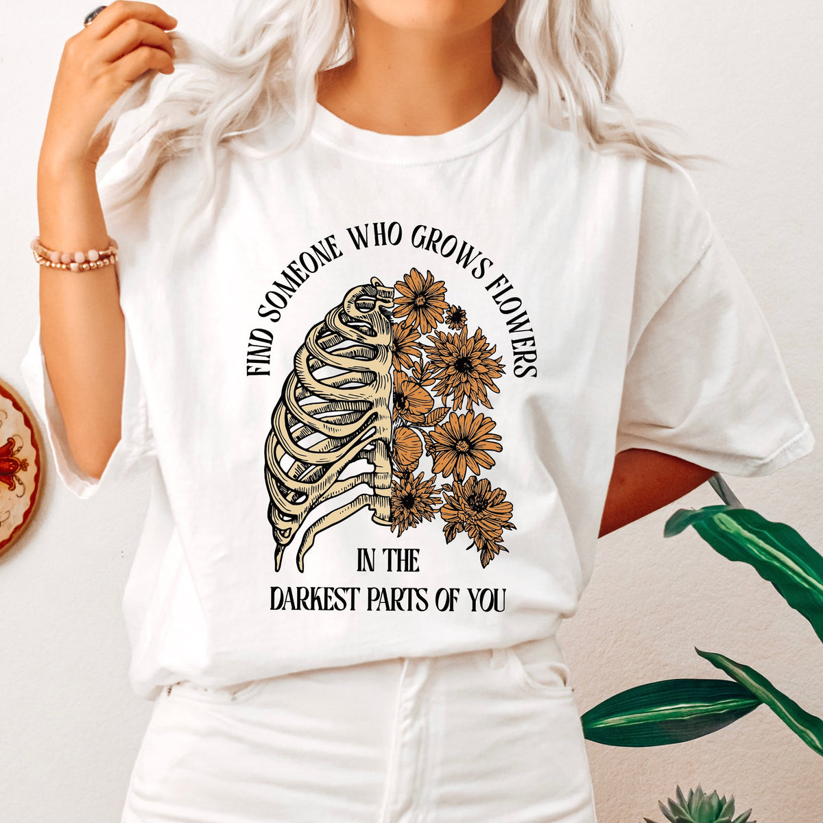 Find Someone Who Grows Flowers Skeleton Cowgirl Graphic Illustration Comfort Colors Tee
