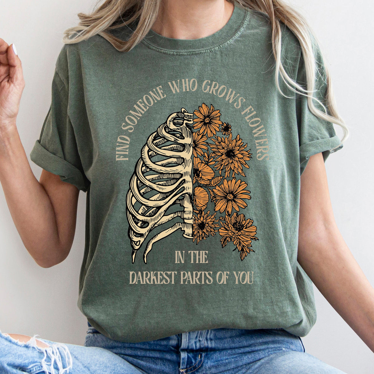 Find Someone Who Grows Flowers Skeleton Cowgirl Graphic Illustration Comfort Colors Tee