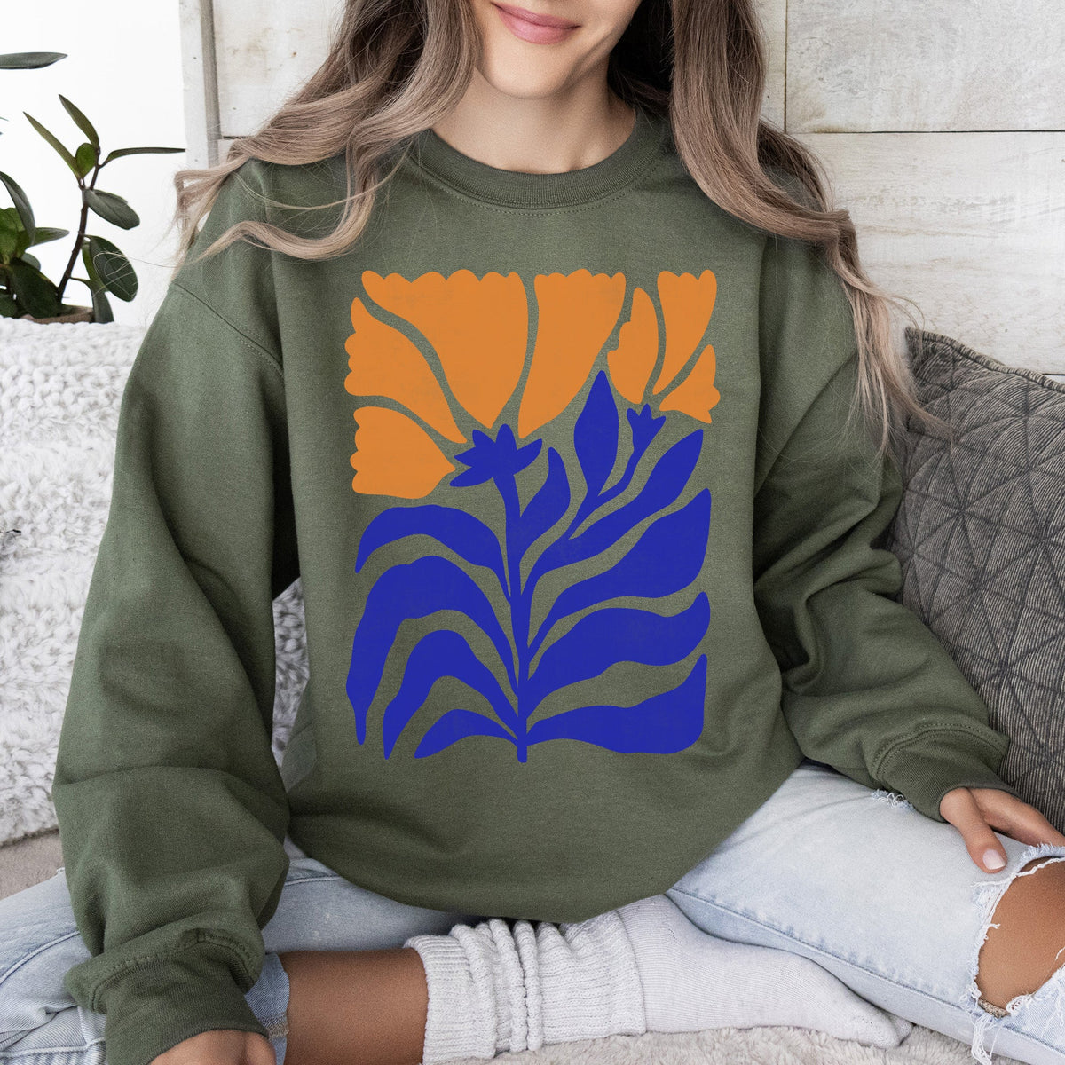 Floral Design Featuring Bold Blues And Oranges Flowers And Nature Motif Sweatshirt