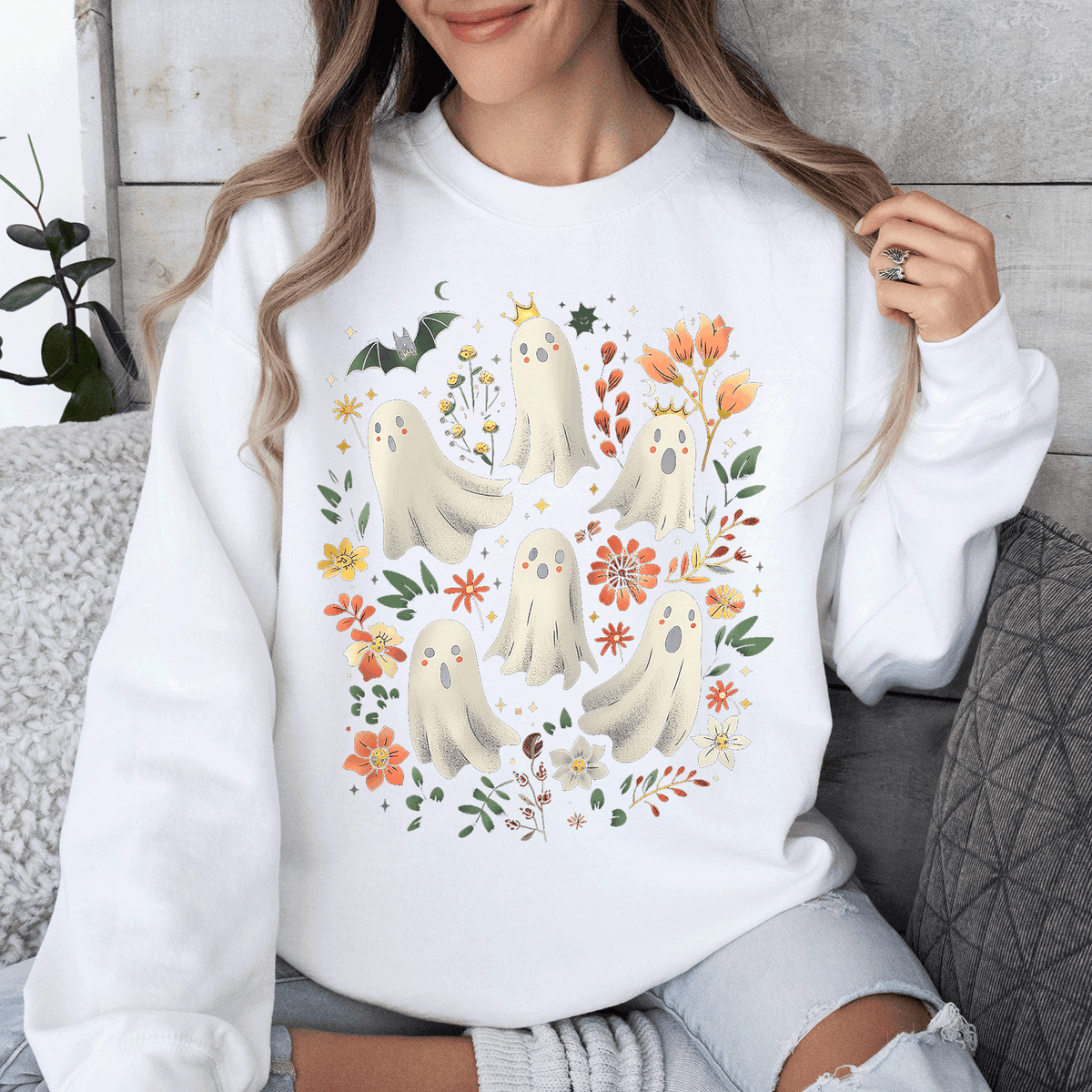 Floral Ghosts Beautiful Halloween Coquette Girly Autumn Fall Gothic Charm Sweatshirt