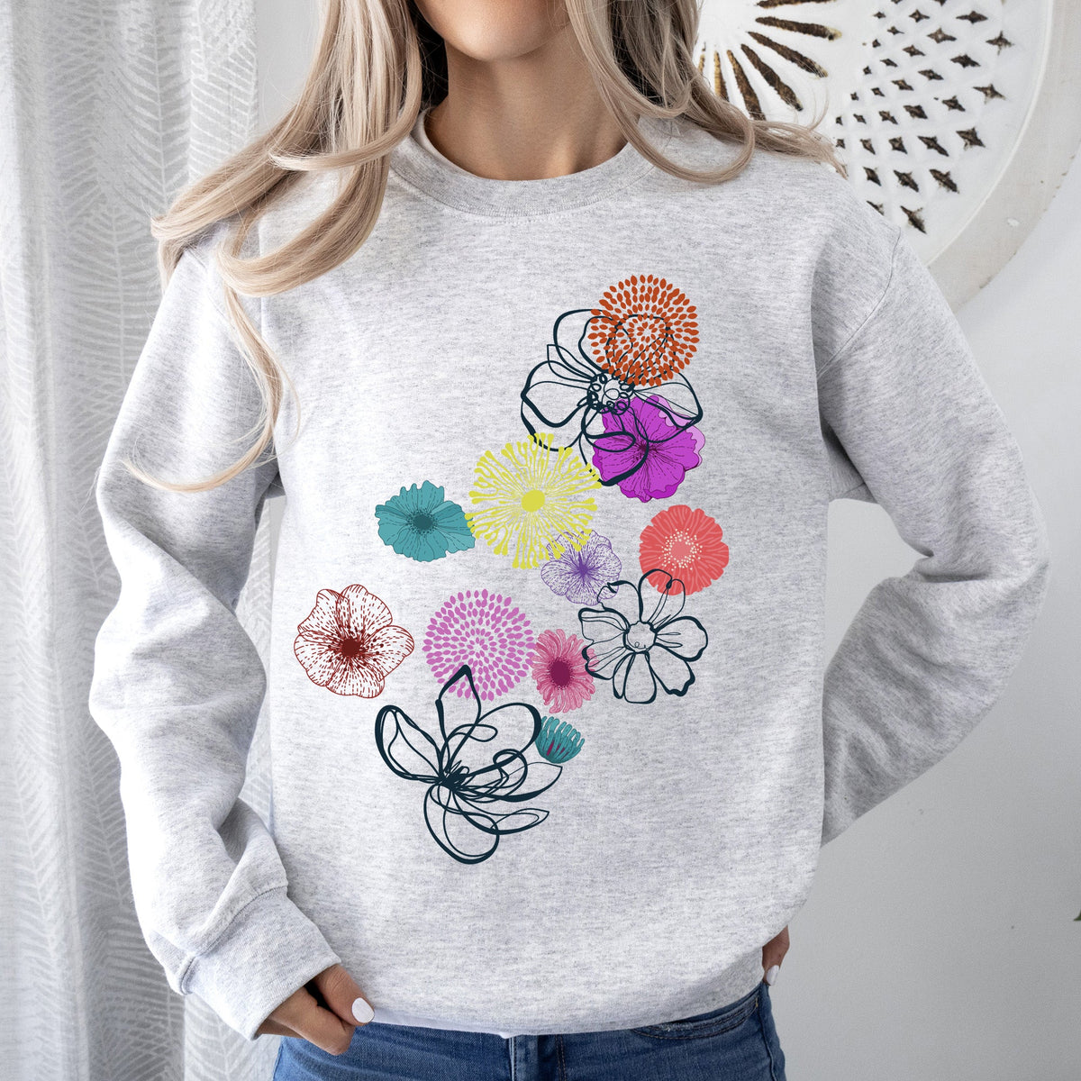 Floral Outlines Leaves Flowers Colorful Botanical Artwork Nature Inspired Cozy Sweatshirt