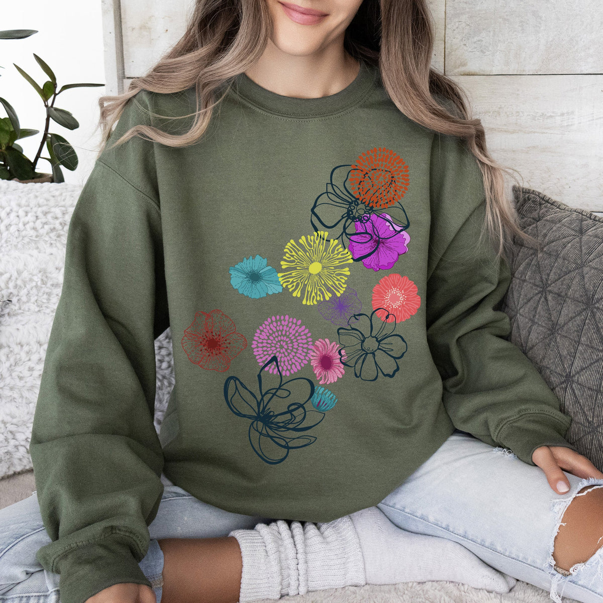 Floral Outlines Leaves Flowers Colorful Botanical Artwork Nature Inspired Cozy Sweatshirt