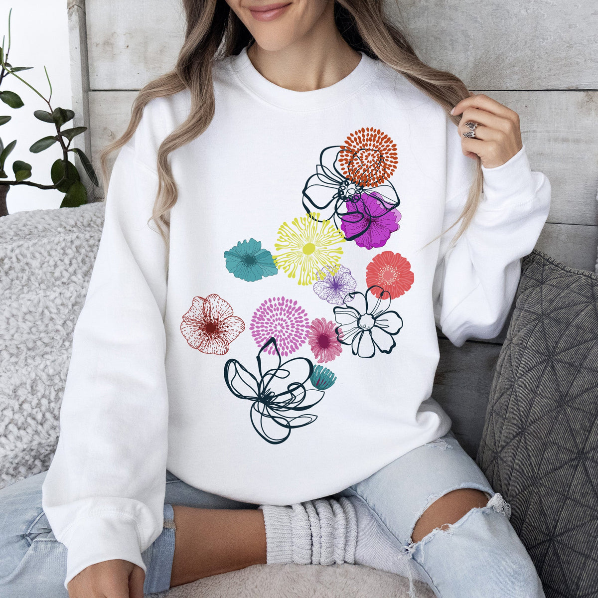 Floral Outlines Leaves Flowers Colorful Botanical Artwork Nature Inspired Cozy Sweatshirt