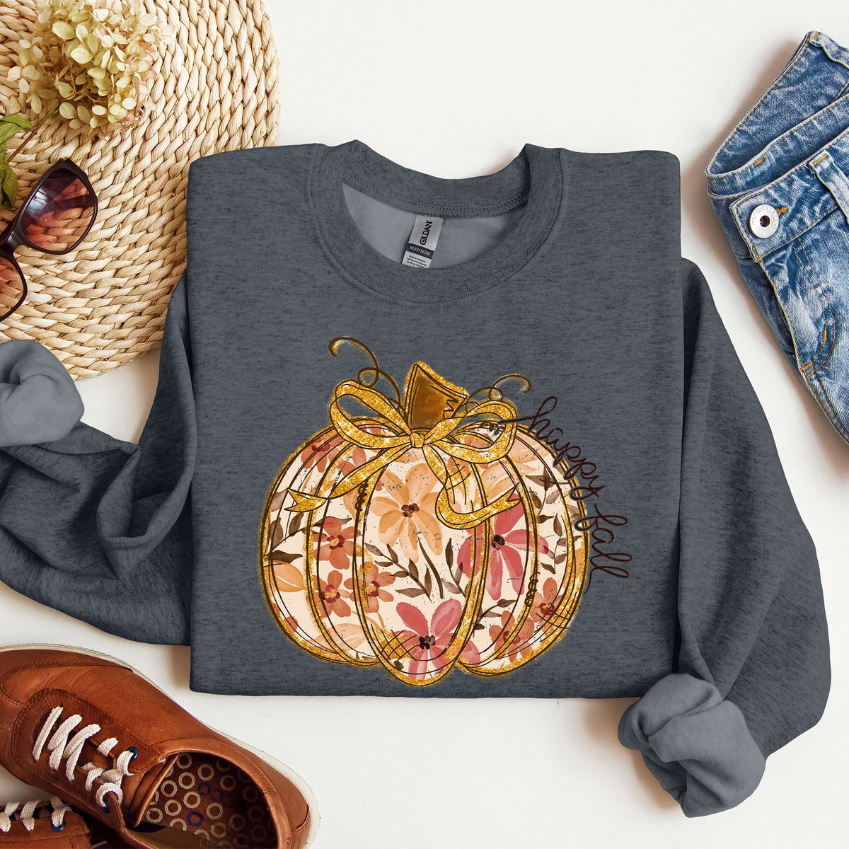 Floral Pumpkin Happy Fall Flowers Autumn Thanksgiving Harvest Graphic Sweatshirt