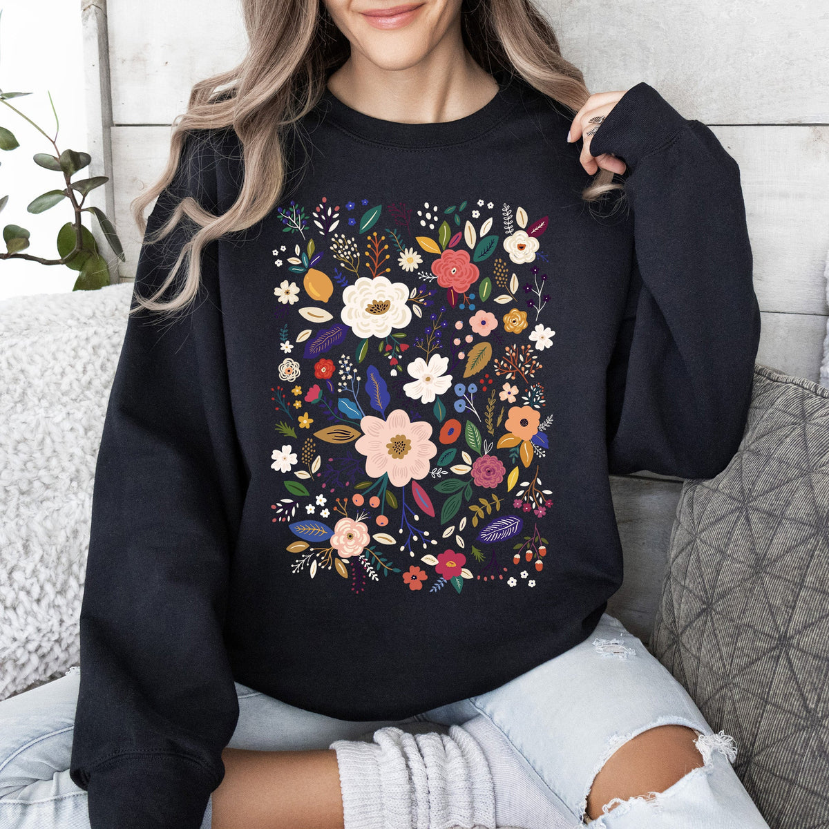 Flower Field Whimsical Colorful Floral Garden Meadow Spring Bloom Graphic Sweatshirt