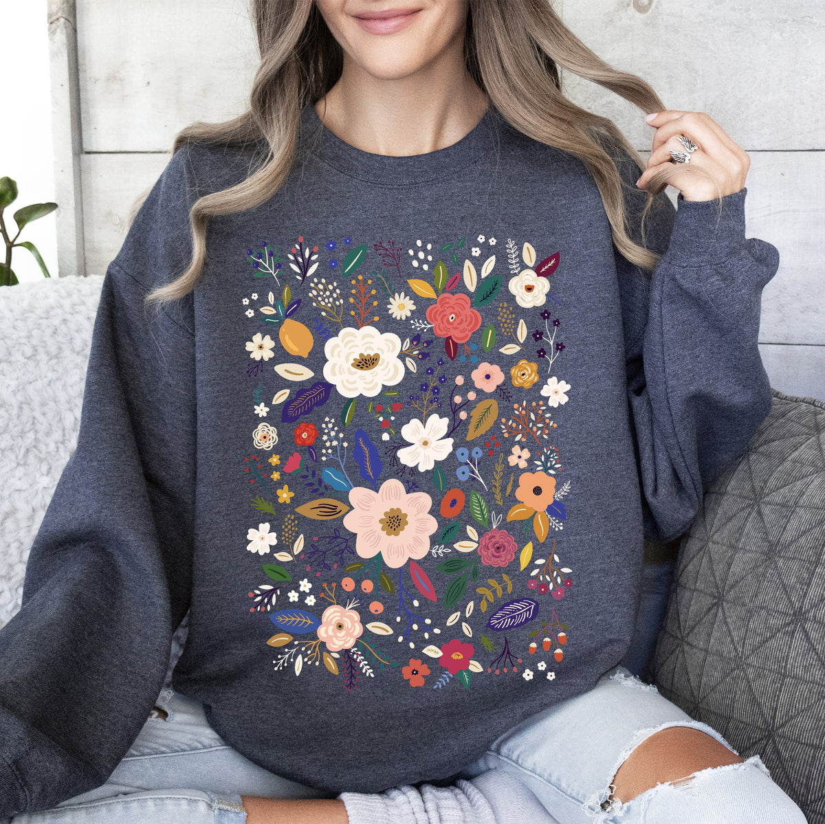 Flower Field Whimsical Colorful Floral Garden Meadow Spring Bloom Graphic Sweatshirt