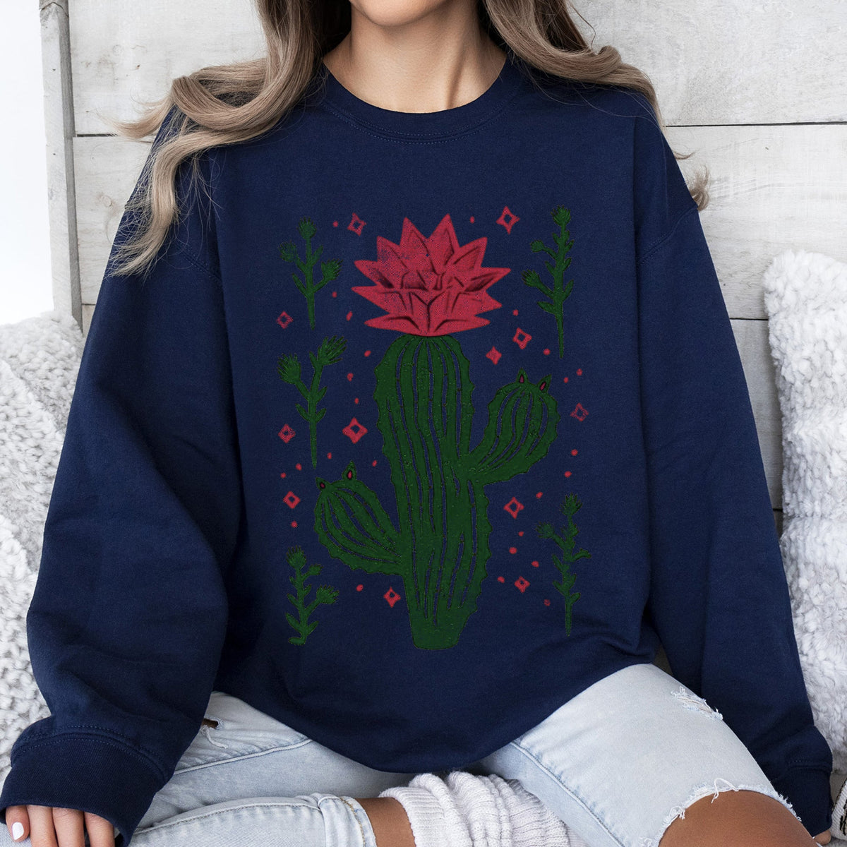 Flowering Desert Cactus and Succulent Plants Cowgirl Western Floral Motif Sweatshirt