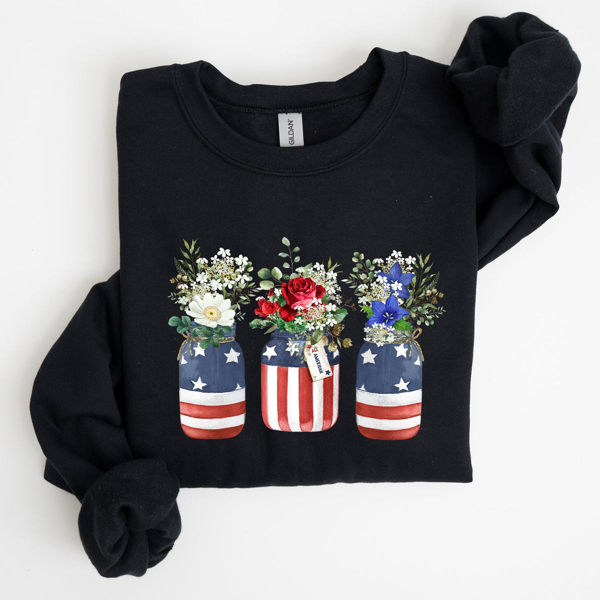 Flowers In Mason Jars All American Patriotic Floral Americana Outdoor Pride Sweatshirt