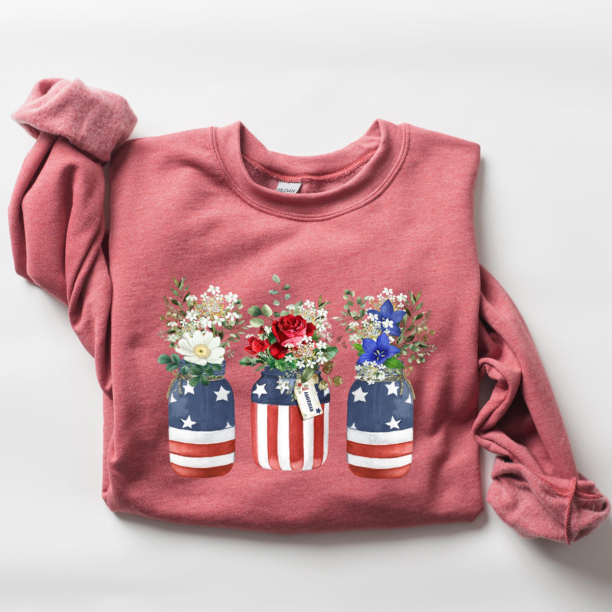 Flowers In Mason Jars All American Patriotic Floral Americana Outdoor Pride Sweatshirt