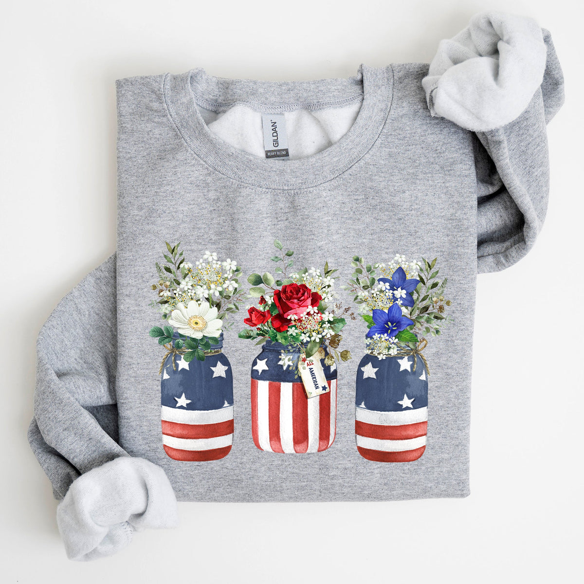 Flowers In Mason Jars All American Patriotic Floral Americana Outdoor Pride Sweatshirt