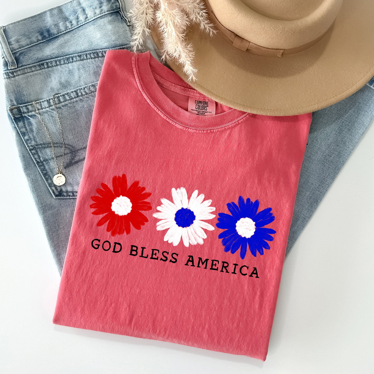 Flowers God Bless America Red White Blue Patriotic Floral Retro Americana Theme Comfort Colors Tee