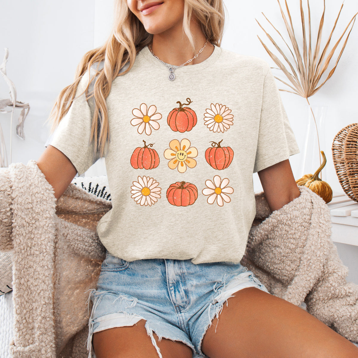Flowers and Pumpkins Minimalist Autumn Fall Halloween Seasonal Limited Edition Graphic Tee