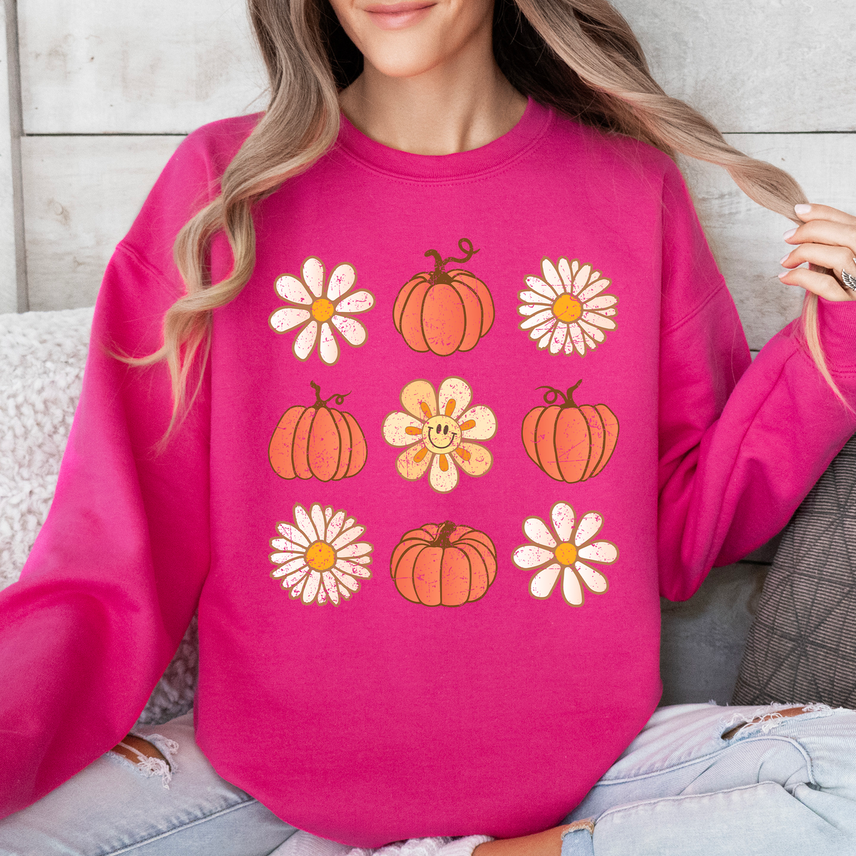 Flowers And Pumpkins Minimalist Autumn Fall Halloween Seasonal Floral Print Sweatshirt