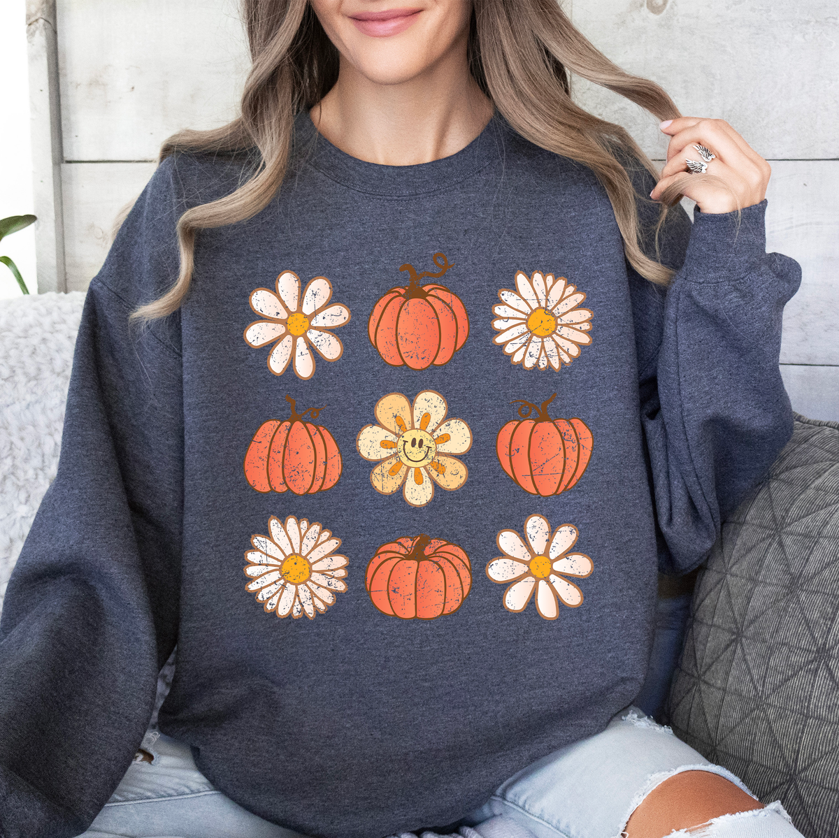 Flowers And Pumpkins Minimalist Autumn Fall Halloween Seasonal Floral Print Sweatshirt