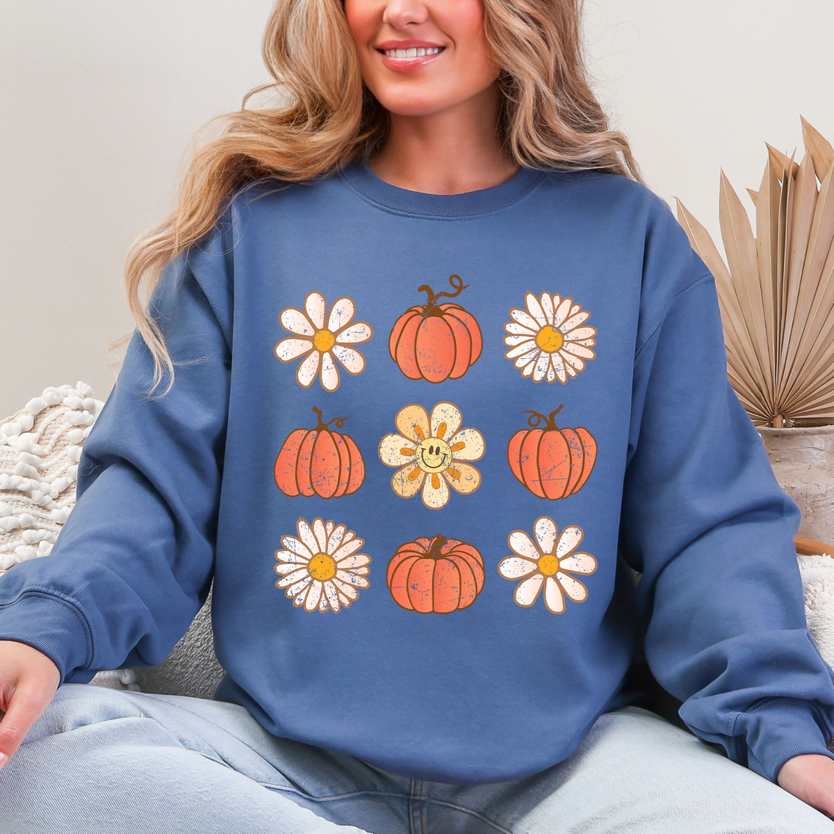 Flowers And Pumpkins Minimalist Autumn Fall Halloween Seasonal Floral Print Sweatshirt