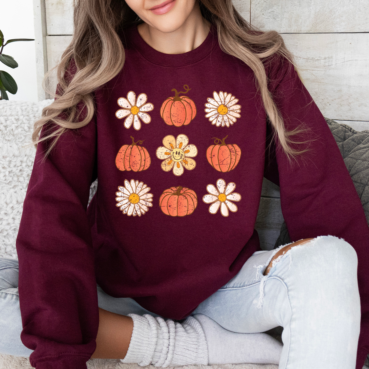 Flowers And Pumpkins Minimalist Autumn Fall Halloween Seasonal Floral Print Sweatshirt
