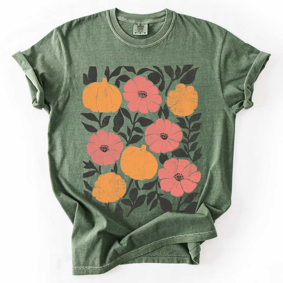 Flowers and Pumpkins Watercolor Halloween Autumn Floral Design Comfort Colors Tee