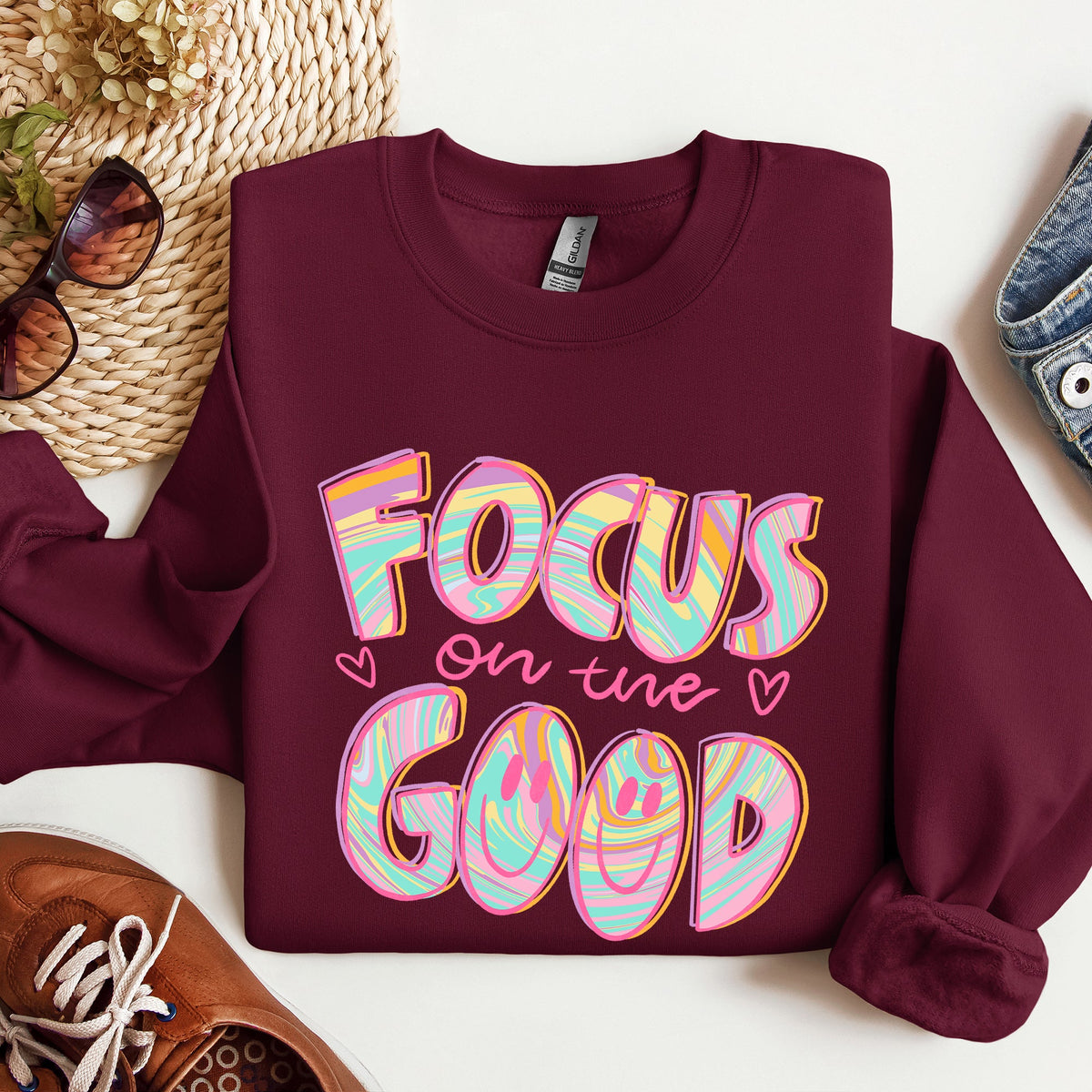 Focus On The Good Retro Groovy Positivity Mental Health Awareness And Positive Vibes Sweatshirt