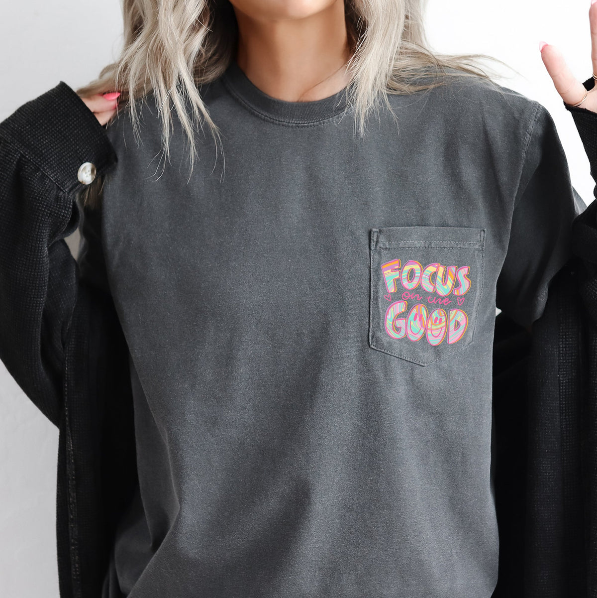 Focus On The Good Retro Pocket Positivity Mental Health Pocket Tee Comfort Colors Tee