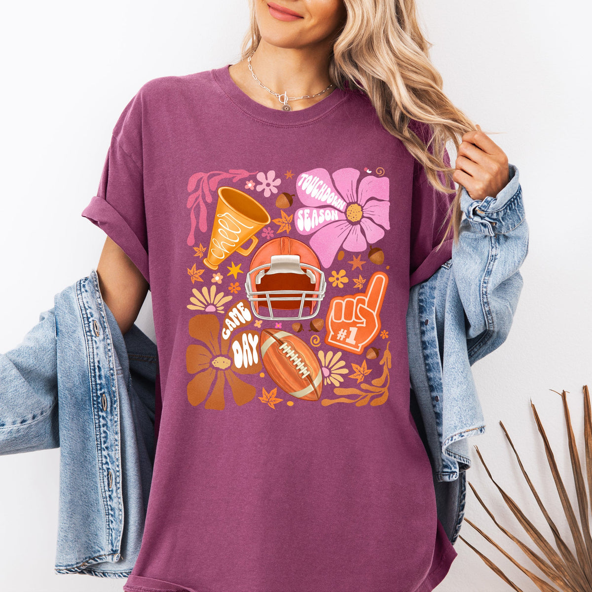 Football Floral Girly Sports Game Day Tailgate Touchdown Big Game Theme Comfort Colors Tee