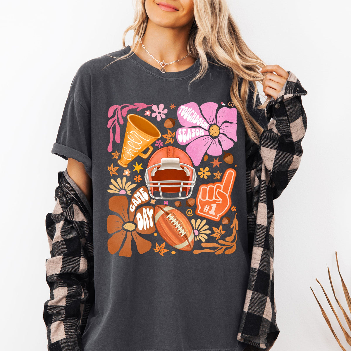 Football Floral Girly Sports Game Day Tailgate Touchdown Big Game Theme Comfort Colors Tee